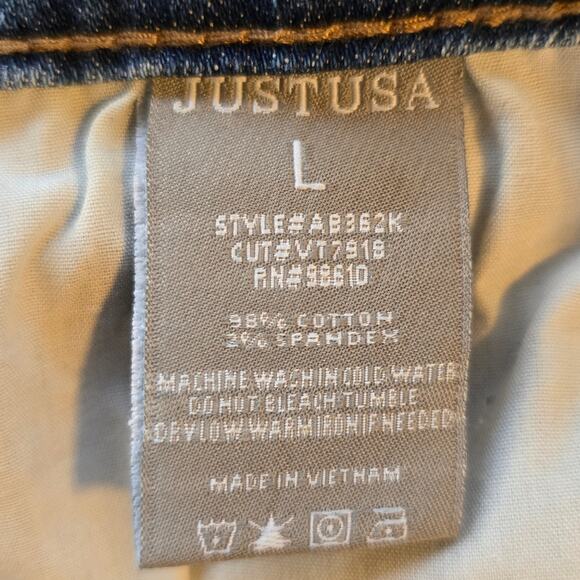 M Just USA Denim Distressed Blue Jean Skirt Womens Size L Frayed Stretch Mini - Picture 9 of 9